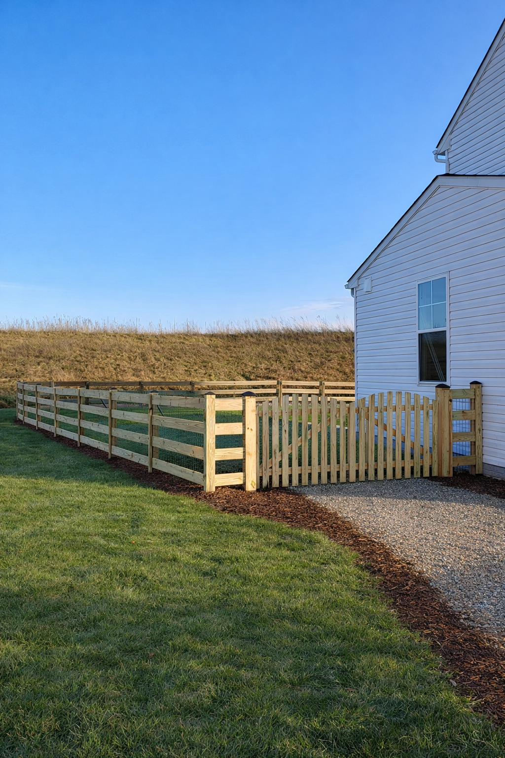 Pressure-treated wood rail fence with picket gate