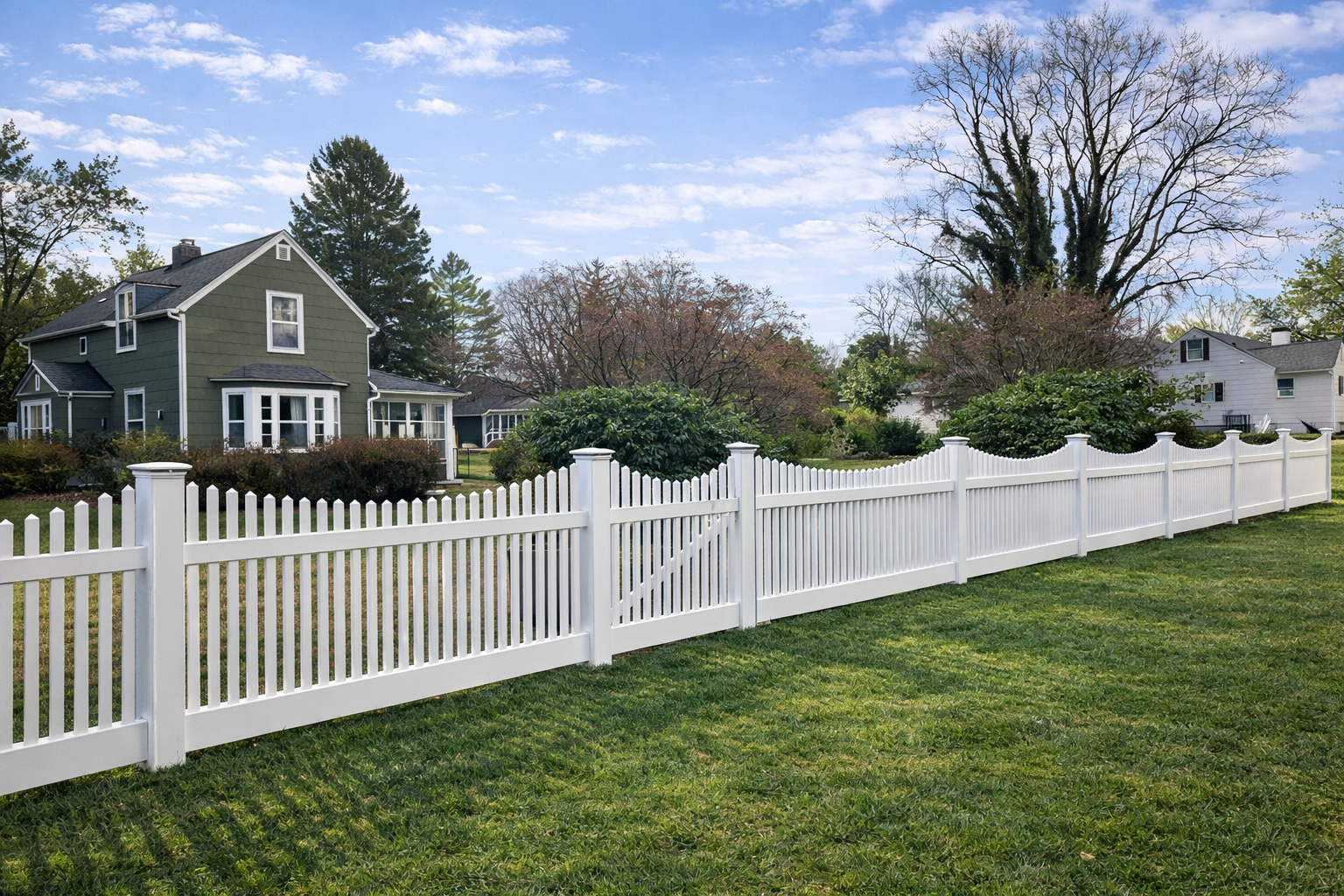 White vinyl scalloped picket fence with gate