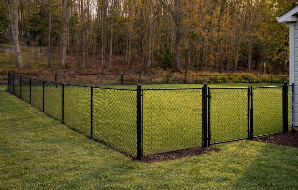 Black chain-link fence enclosing residential yard